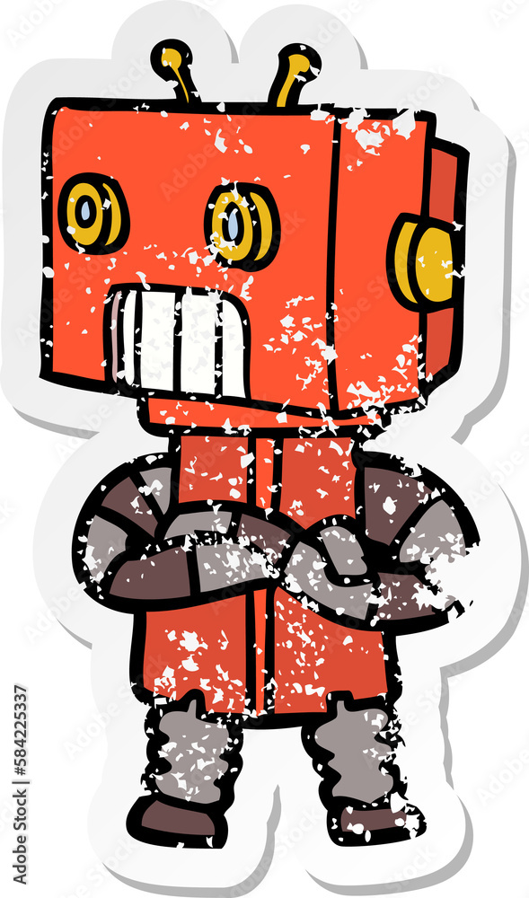 distressed sticker of a cartoon robot