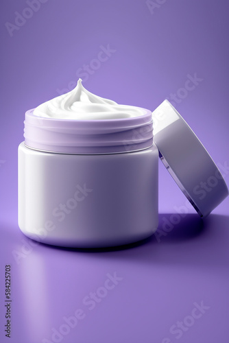 Modern beauty product beauty cream for skin care and moisturizing anti-aging cream jar top close up view on purple background, health and beauty concept. Copy space, template. Generative AI.