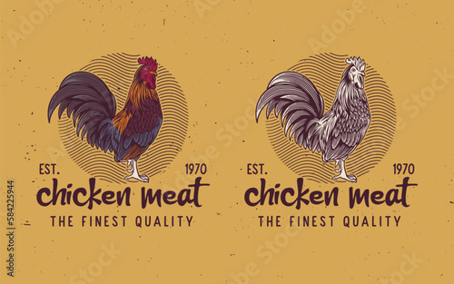 Rooster, poultry vintage logo, retro print, poster for Butchery meat shop with text typography (ID: 584225944)
