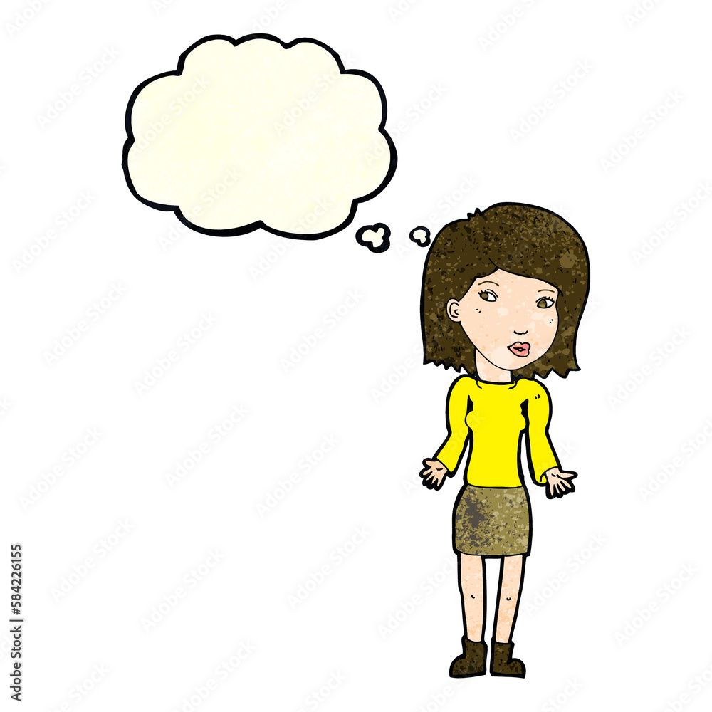 cartoon woman shrugging shoulders with thought bubble cartoon woman shrugging shoulders with thought bubble
