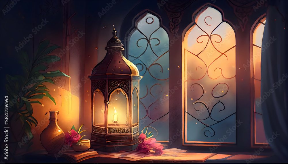 Eid Mubarak Lantern Lamp, dates, fruits Bokeh Landscape Background Eid Mubarak Lantern Lamp, dates, fruits Bokeh Landscape Background