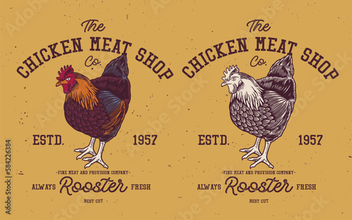 Rooster, poultry vintage logo, retro print, poster for Butchery meat shop with text typography (ID: 584226384)
