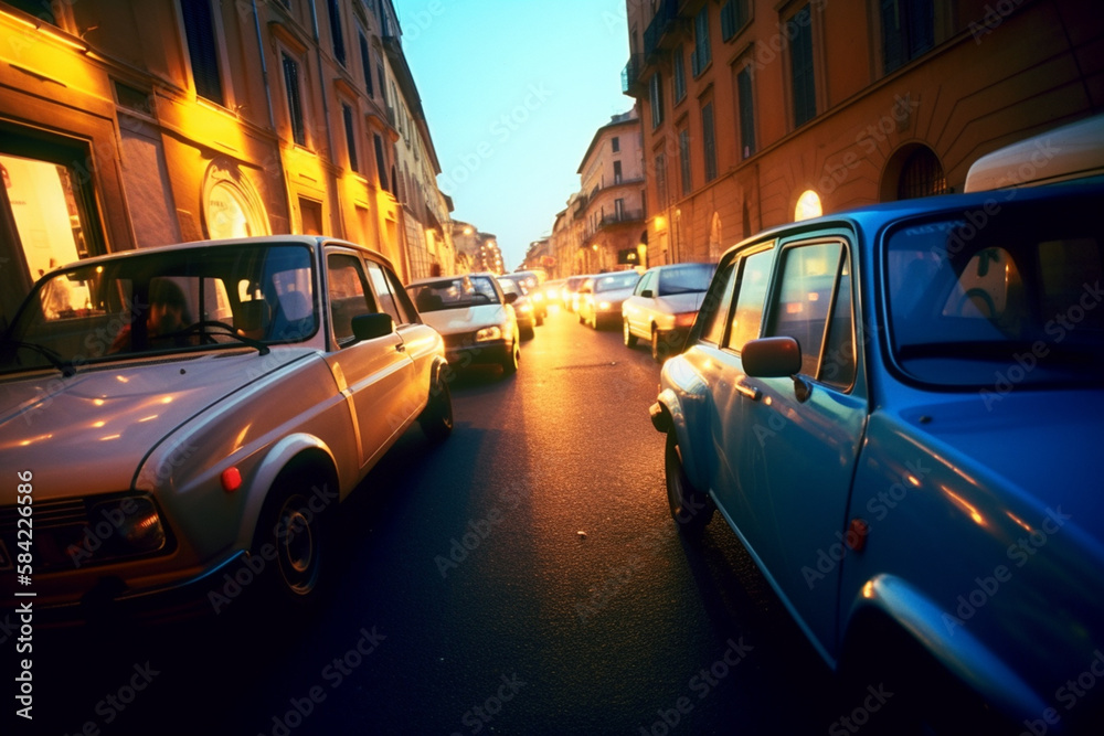 Old timer cars from 1980's on the streets, street photo style, ai generative