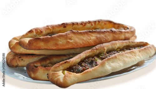 Turkish pita with mince meat isolated on white background. Fresh Turkish pizza as known in native language: "Kıymalı Pide"