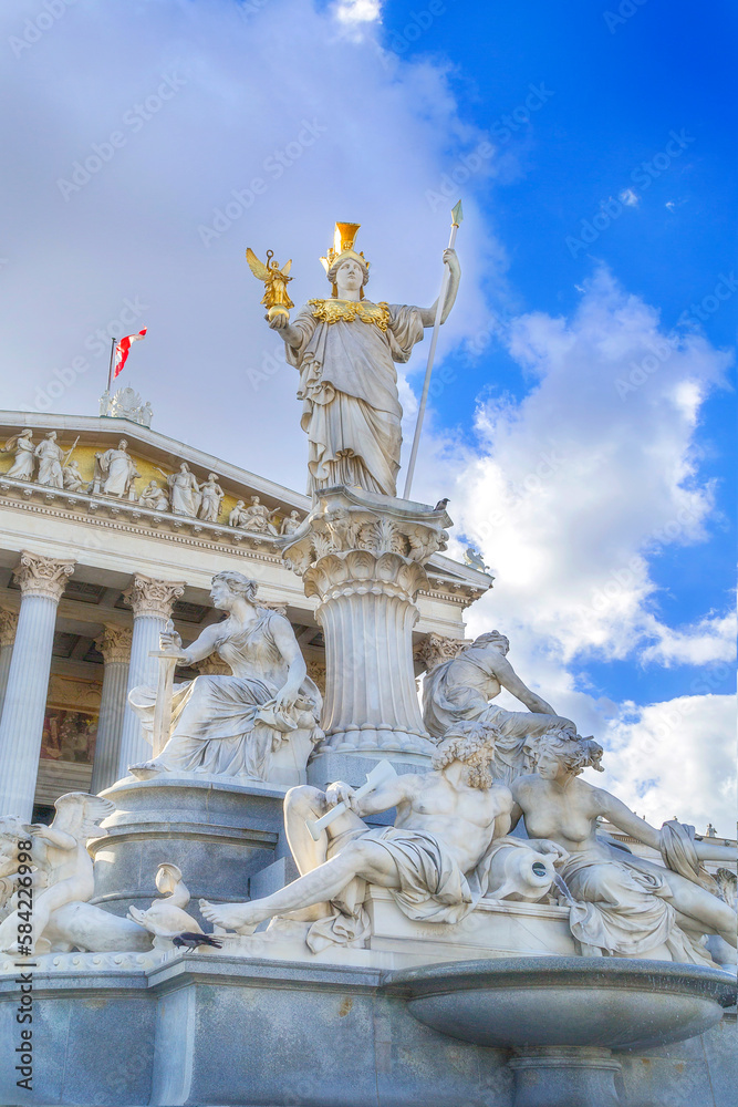 Vienna, Austria, statue and fountain of Pallas Athena, Parliament building in austrian capital
