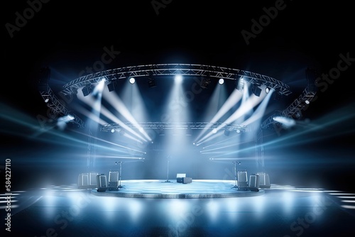 spotlights shine on stage floor in dark room, idea for background, backdrop, mock up, Generative Ai