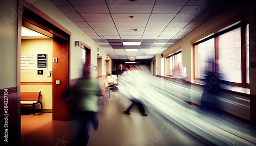 Blured motion in ER of hospital, doctors and nurce in hallway, ai generated photo