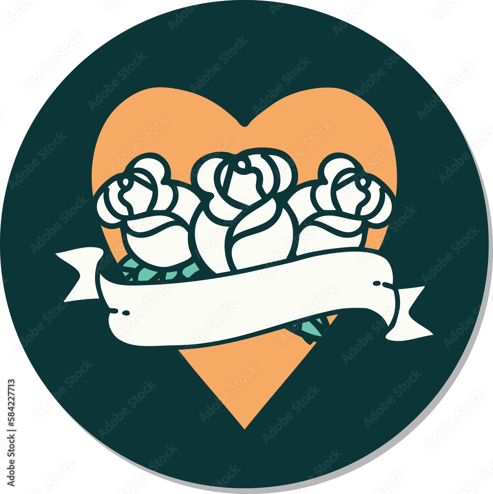 tattoo style sticker of a heart and banner with flowers tattoo style sticker of a heart and banner with flowers