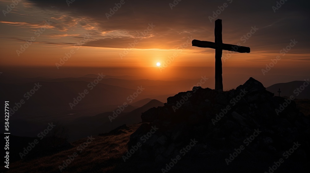 Mountain Majesty: Artistic Silhouette of Crucifix Cross Against Sunset Sky.Generative Ai