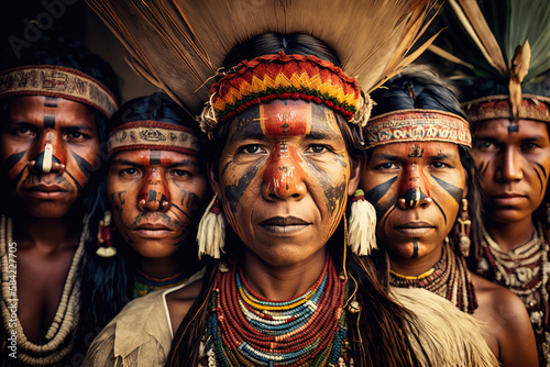 Group portrait of indigenous people from the Amazon with ritual paintings on their face and headdresses looking at the camera. Generative ai photo