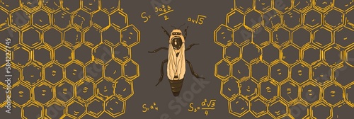 illustration with a bee and honeycomb on a dark background, hive formula