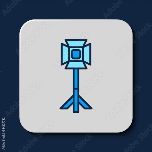 Filled outline Studio light bulb in softbox icon isolated on blue background. Shadow reflection design. Vector