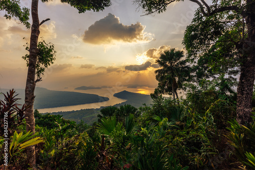 Scenic view(KHAO FA CHI VIEWPOINT) of the surrounding area. There are green trees around. Refreshing atmosphere Can travel throughout the day is not hot. Ranong Province, Thailand