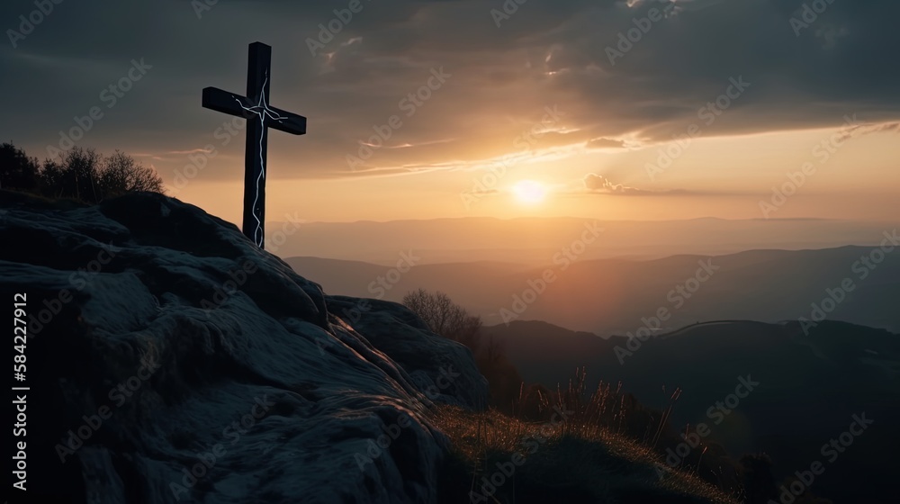 Mountain Majesty: Artistic Silhouette of Crucifix Cross Against Sunset Sky.Generative Ai Mountain Majesty: Artistic Silhouette of Crucifix Cross Against Sunset Sky.Generative Ai