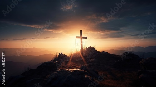 Mountain Majesty: Artistic Silhouette of Crucifix Cross Against Sunset Sky.Generative Ai