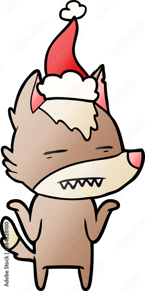 gradient cartoon of a wolf showing teeth wearing santa hat gradient cartoon of a wolf showing teeth wearing santa hat
