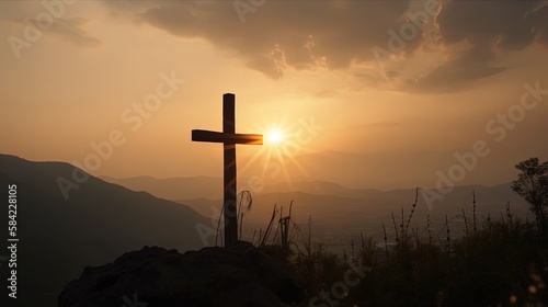 Mountain Majesty: Artistic Silhouette of Crucifix Cross Against Sunset Sky.Generative Ai © Rudsaphon