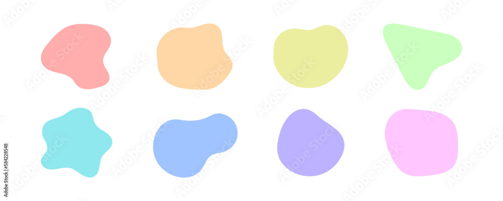 Set of colorful amoeba organic graphic elements irregular shapes. Isolated on a white background. Doodle illustration concept