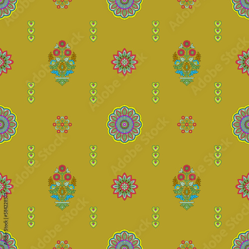 Abstract seamless color full geometric paisley fabric effect ajrakh print pattern background design photo