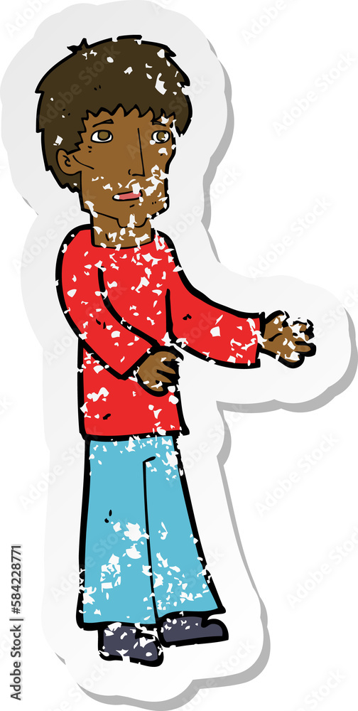 retro distressed sticker of a cartoon man explaining retro distressed sticker of a cartoon man explaining