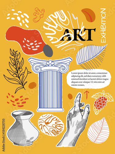 Creative flyer or poster concepts with abstract geometric shapes and human silhouettes on yellow background. Roman and Greek vector illustration. Art posters for the exhibition,  magazine or cover