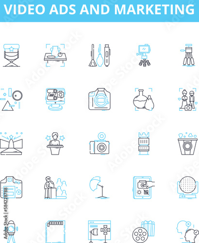 Video ads and marketing vector line icons set. Video, Ads, Marketing, Advertising, Promotions, Campaigns, YouTube illustration outline concept symbols and signs