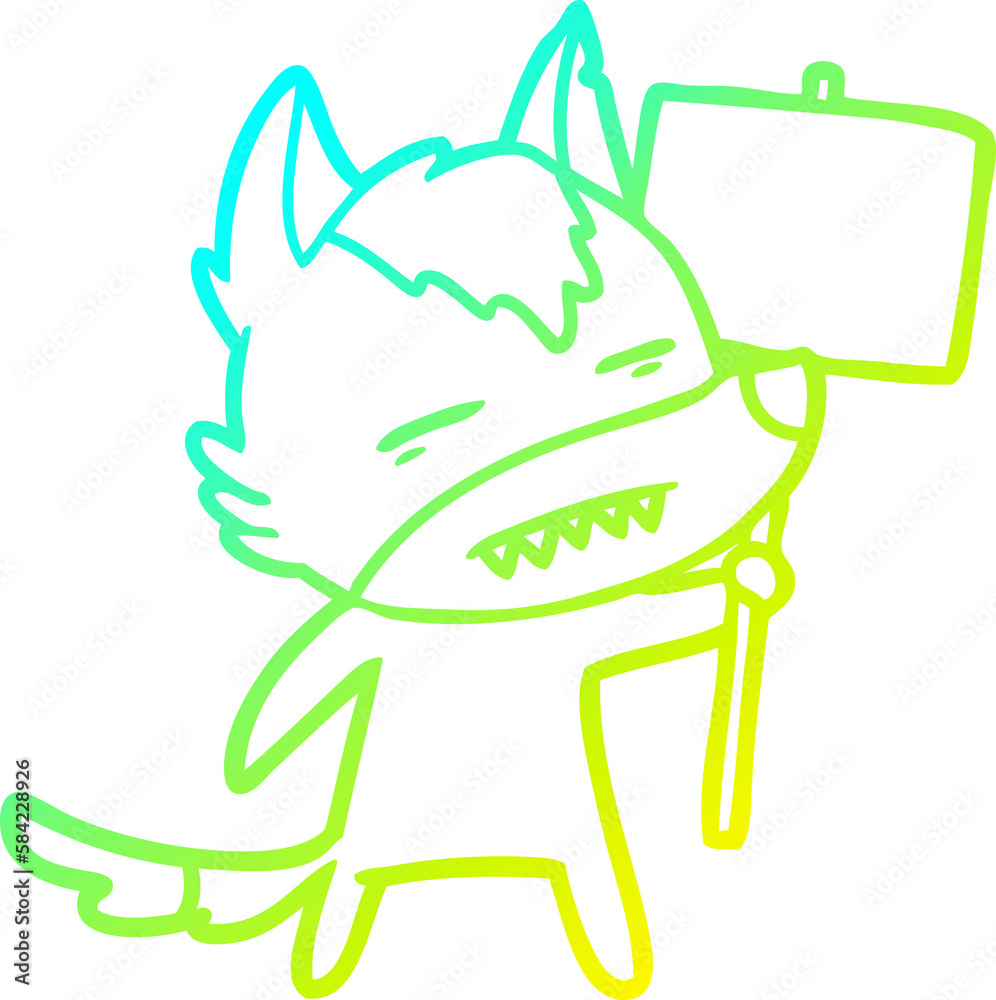 cold gradient line drawing cartoon wolf with sign post showing teeth cold gradient line drawing cartoon wolf with sign post showing teeth