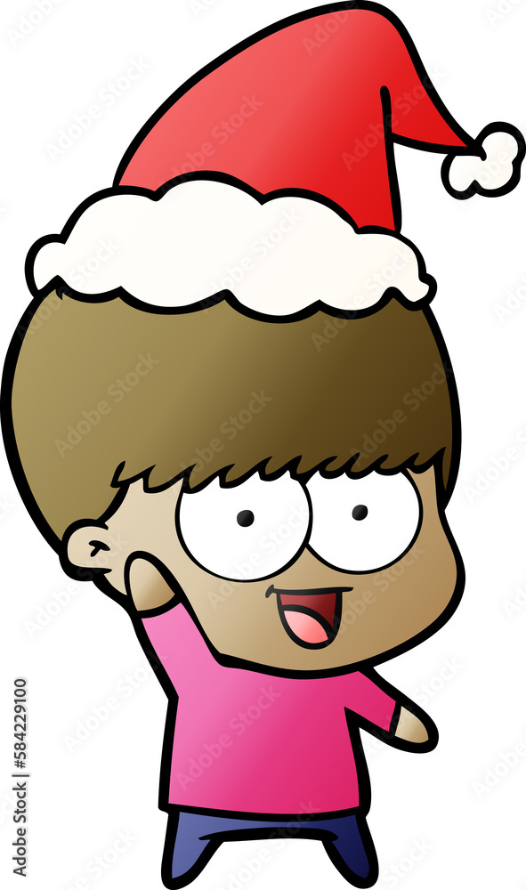 happy gradient cartoon of a boy waving wearing santa hat