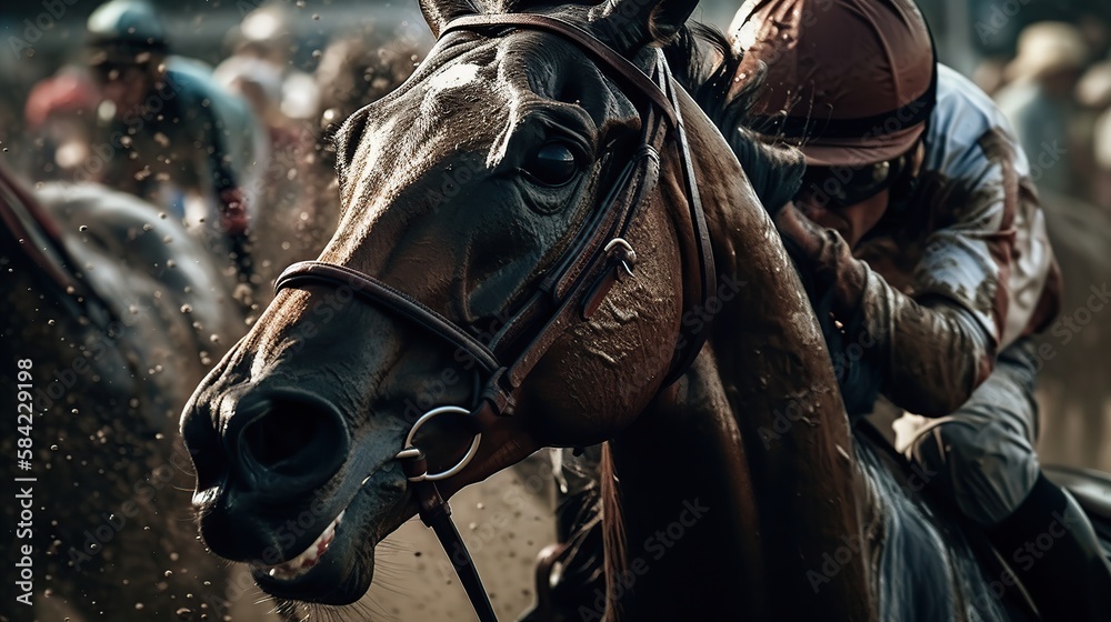 racing horse portrait close up. Generative AI illustration.
