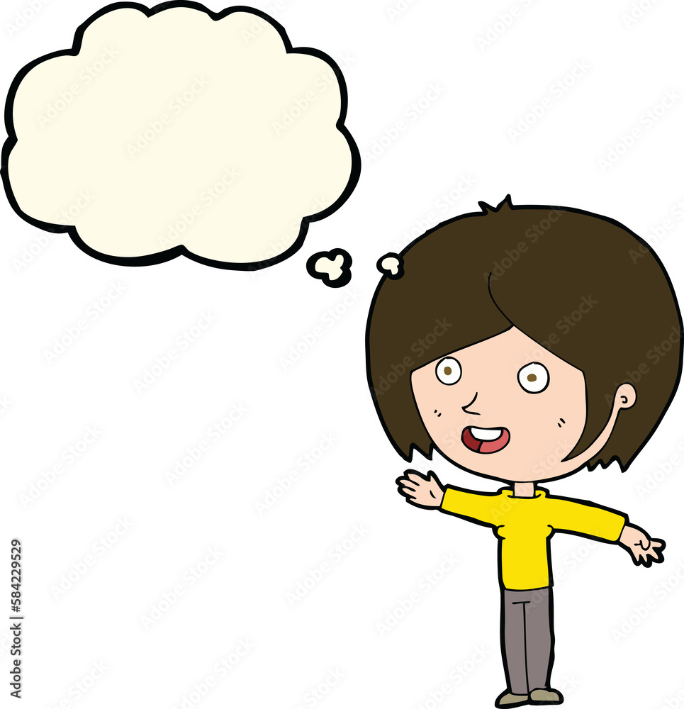 cartoon happy girl waving with thought bubble cartoon happy girl waving with thought bubble