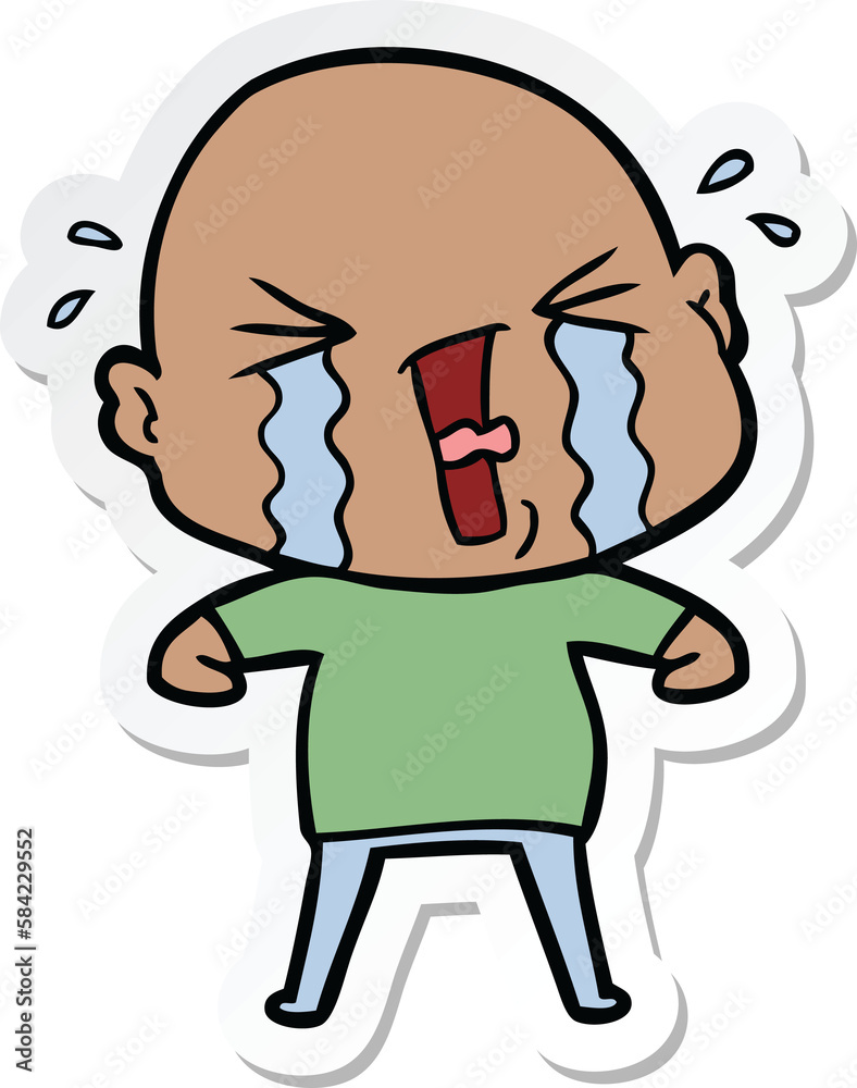 sticker of a cartoon crying bald man