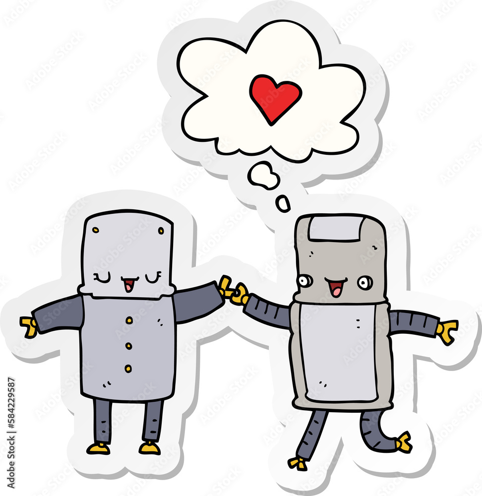 cartoon robots in love and thought bubble as a printed sticker