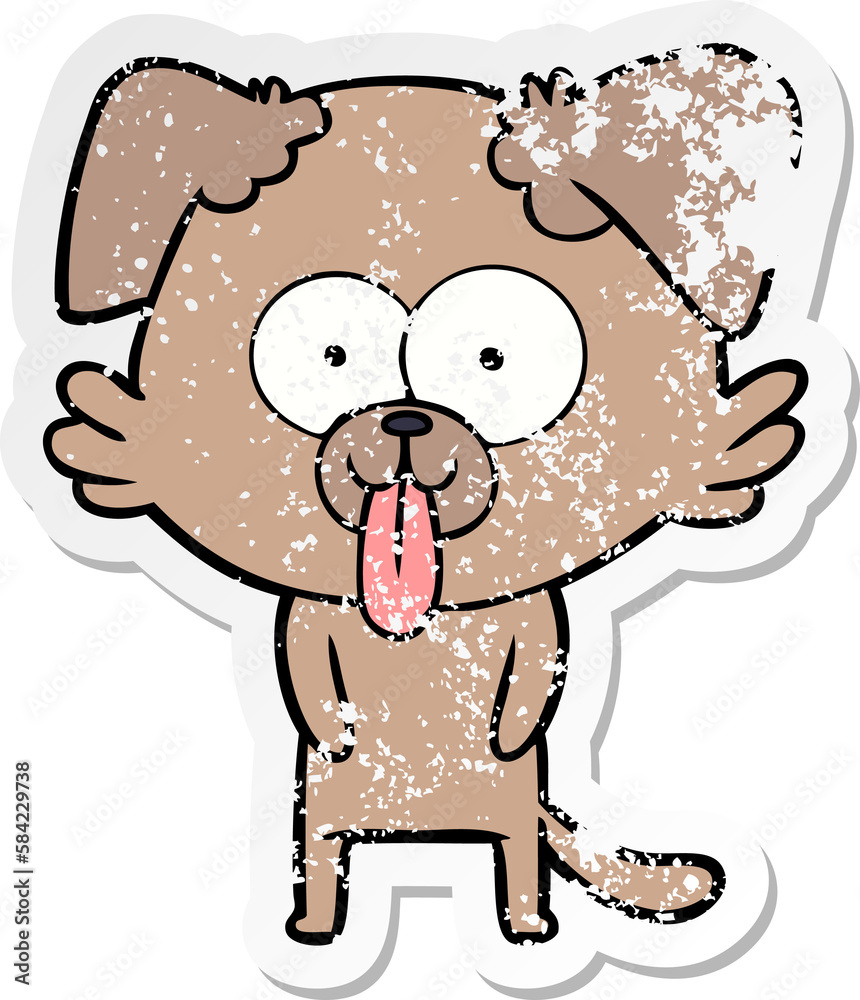 distressed sticker of a cartoon dog with tongue sticking out distressed sticker of a cartoon dog with tongue sticking out