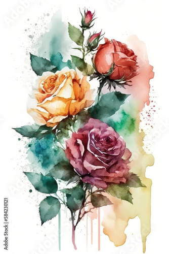 Roses and leaves, watercolor flowers isolated on white background, wedding invitaiton card design made with Generative AI, Ai art photo