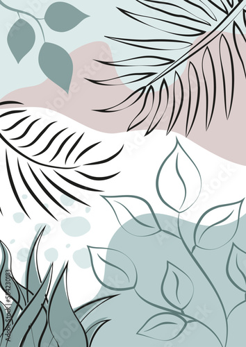 Mint and powder pastel botanical vector illustration. Set of Leaves and branches of different plants. Line art with added color. Perfect for wallpaper, background, postcard, poster, interior decor