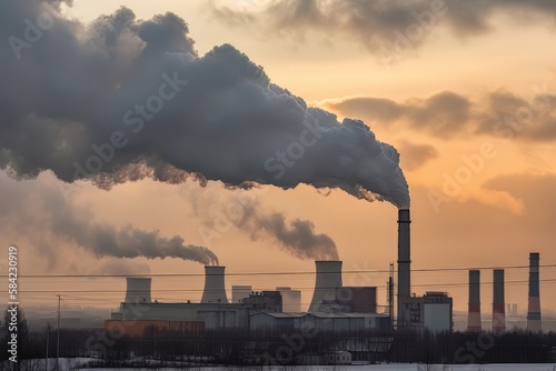 Air pollution from smoke coming out of factory chimneys. Global warming and care environment concept. Generative AI