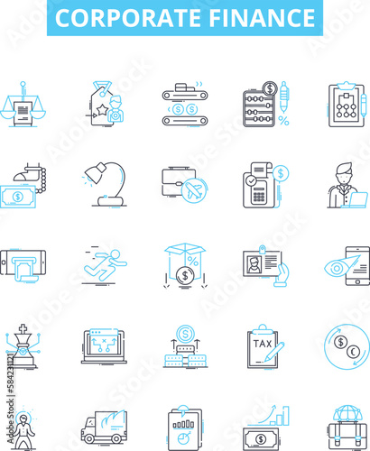 Corporate finance vector line icons set. Accounting  Wealth  Investment  Mergers  Dividends  Leverage  Securities illustration outline concept symbols and signs