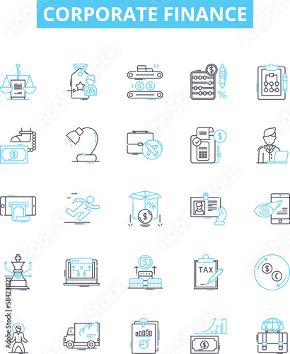 Corporate finance vector line icons set. Accounting, Wealth, Investment, Mergers, Dividends, Leverage, Securities illustration outline concept symbols and signs
