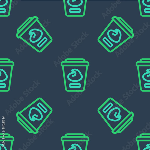 Line Yogurt container icon isolated seamless pattern on blue background. Yogurt in plastic cup. Vector