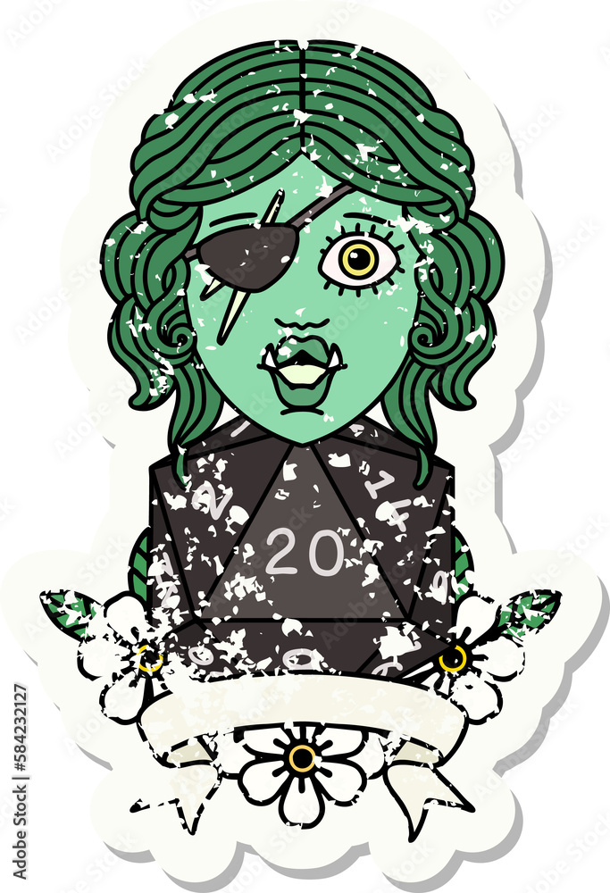 half orc rogue character with natural twenty dice roll grunge sticker
