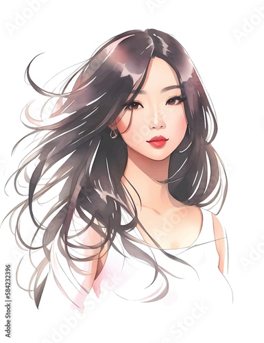 Watercolor asian woman. Painting fashion illustration. Hand drawn portrait of pretty girl on white background