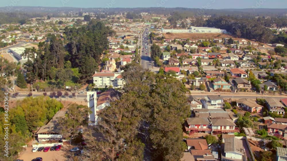 Aerial establishing shot of residential streets in downtown Algarrobo, Chile Aerial establishing shot of residential streets in downtown Algarrobo, Chile