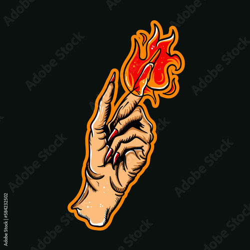 Hand drawn illustration of fire devil hand vector design