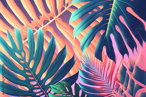 Tropical neon, iridescent, green palm leaves, floral pattern background illustration