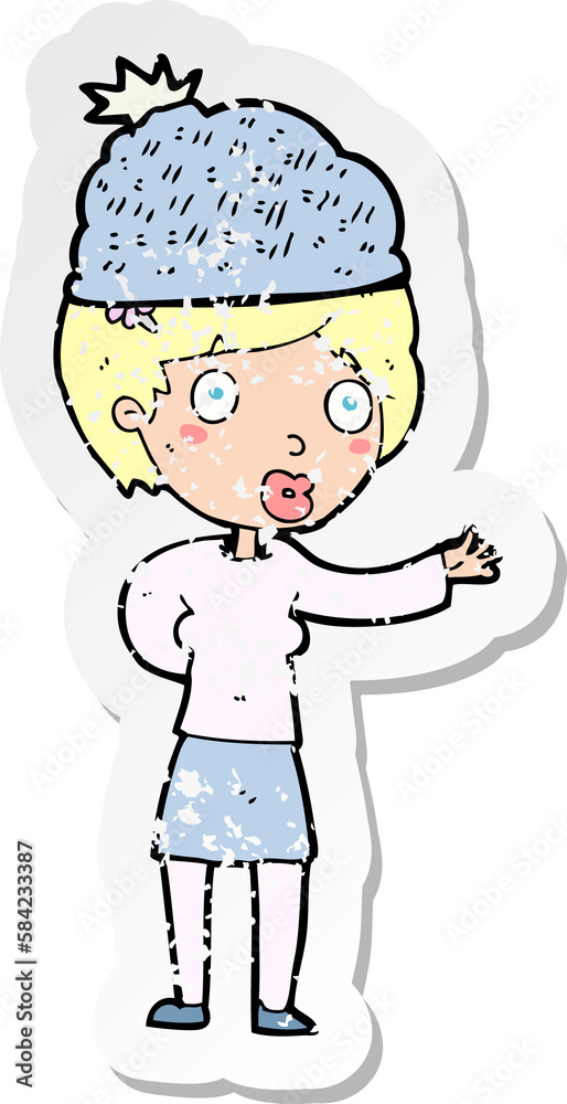 retro distressed sticker of a cartoon woman wearing winter hat retro distressed sticker of a cartoon woman wearing winter hat