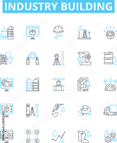 Industry building vector line icons set. Construction, Manufacturing, Investment, Fabrication, Outfitting, Engineering, Development illustration outline concept symbols and signs