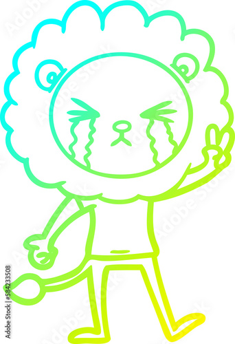 cold gradient line drawing cartoon crying lion giving peace sign