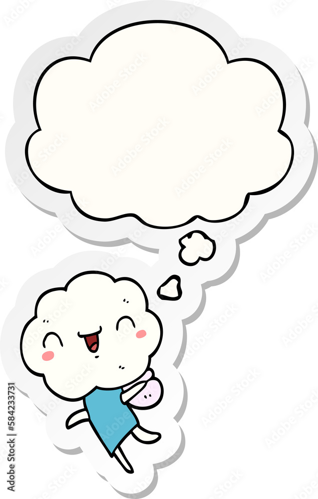 cute cartoon cloud head creature and thought bubble as a printed sticker