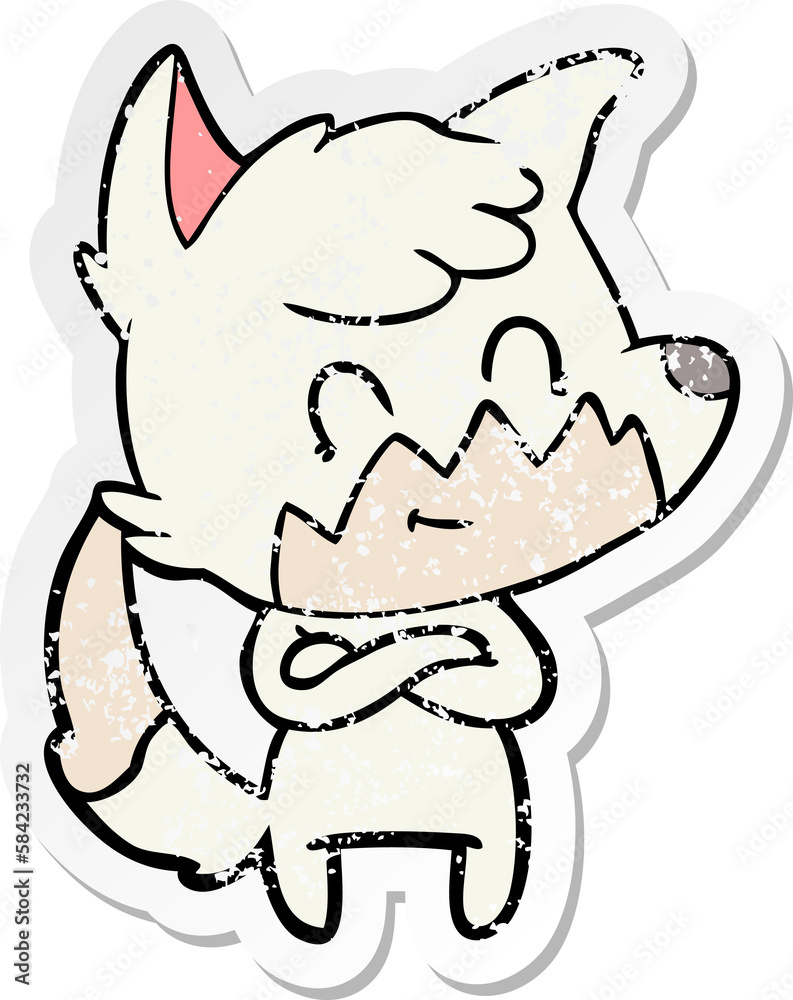 distressed sticker of a cartoon friendly fox distressed sticker of a cartoon friendly fox