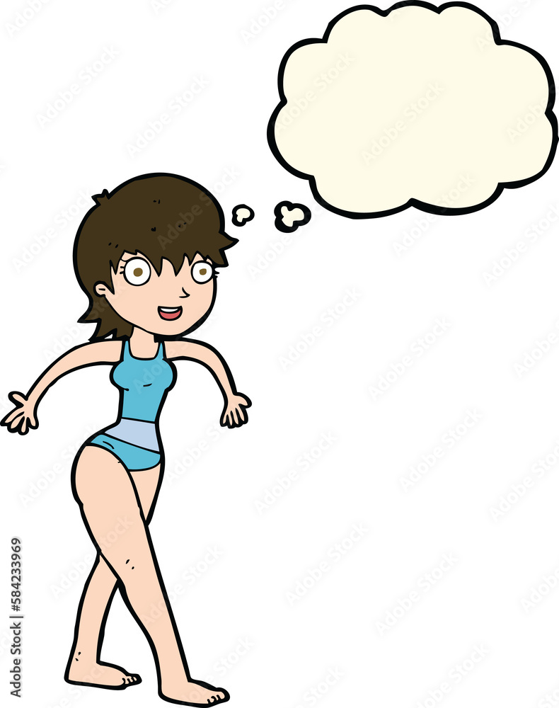 cartoon happy woman in swimming costume with thought bubble cartoon happy woman in swimming costume with thought bubble